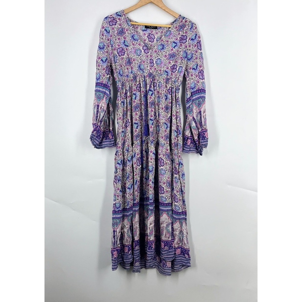 Few Moda New York Purple Floral Leopard Tiered Boho Maxi Dress Small V-Neck Bell